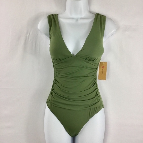 𝅺cremieux Solid Olive Ruched One Piece Swimsuit NWT - Picture 2 of 8